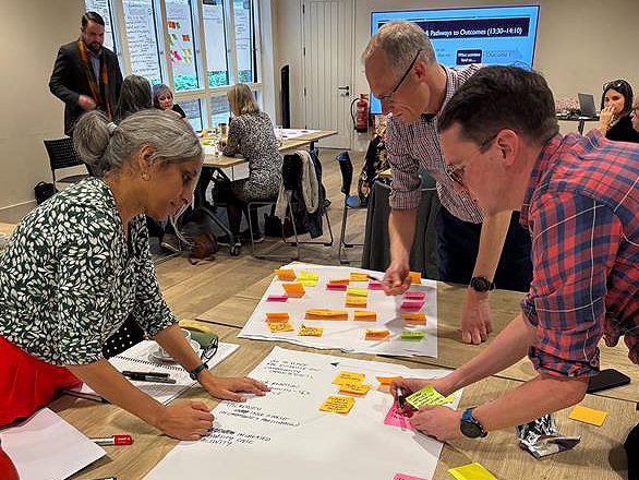 Three adults stand over a sheet of paper covered with post-it notes and ideas for our Theory of Change.