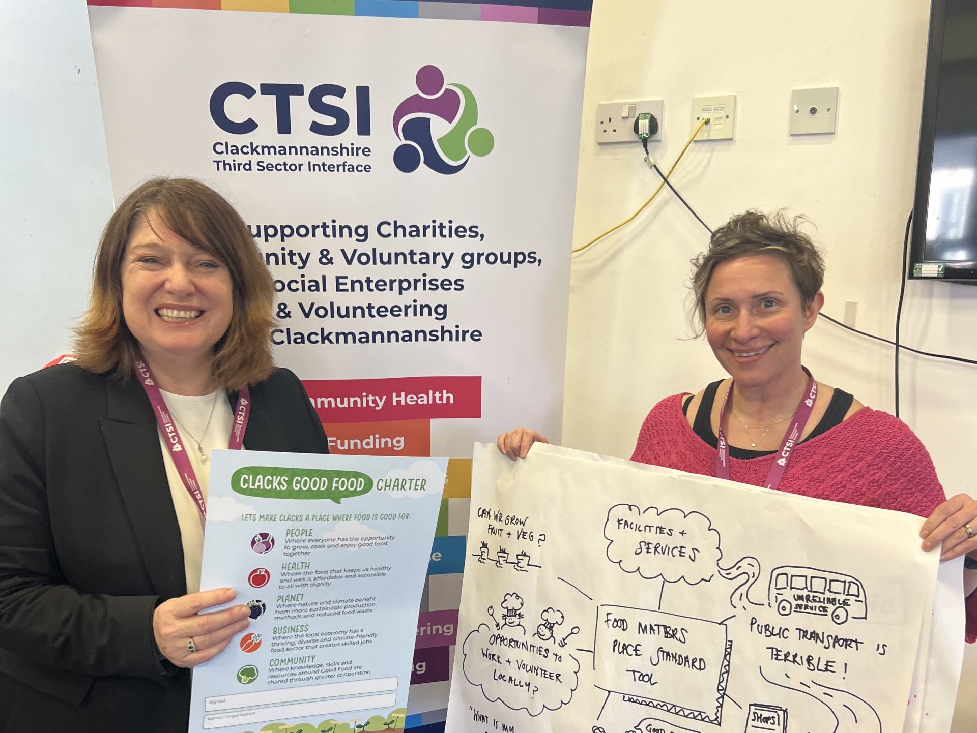 Two women stand in front of a banner advertising Clackmannanshire Third Sector Interface holding a poster and a visual scribe drawing from the event they are attending.
