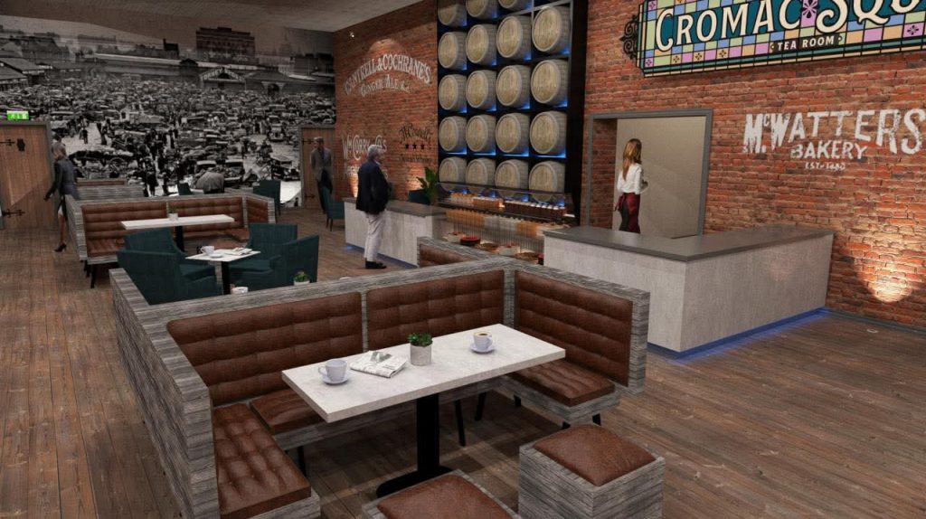 A visual representation of a tea room and bar area, with exposed brick walls, wooden booths and a decorative barrel wall.