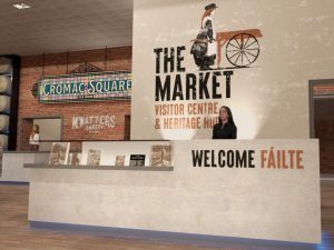 An artist representation of a new 'Market Visitor Centre and Heritage Hub'. It features a brick building with beige wlls and countertops, decorated with black and brown text signage.