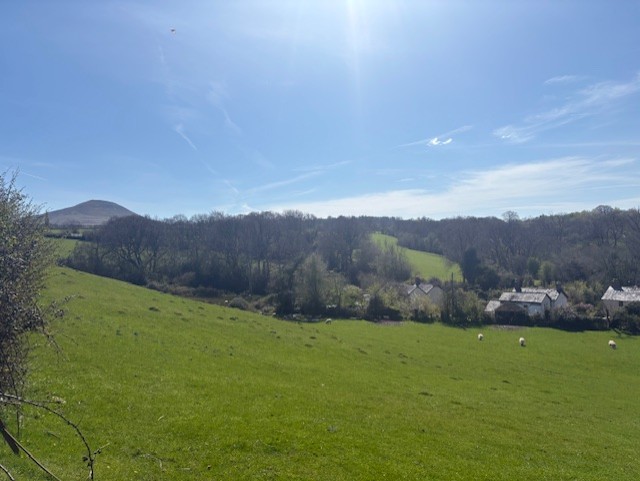 A bright blue sky over fresh green hills.