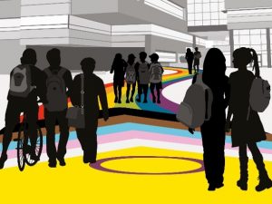 Silhouettes of school children standing on a path which is in the colours of he pride flag.