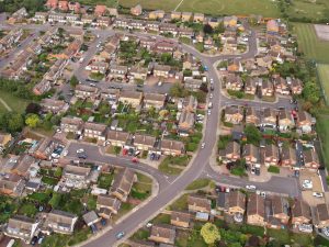 A birds-eye-view of an English neighbourhood.