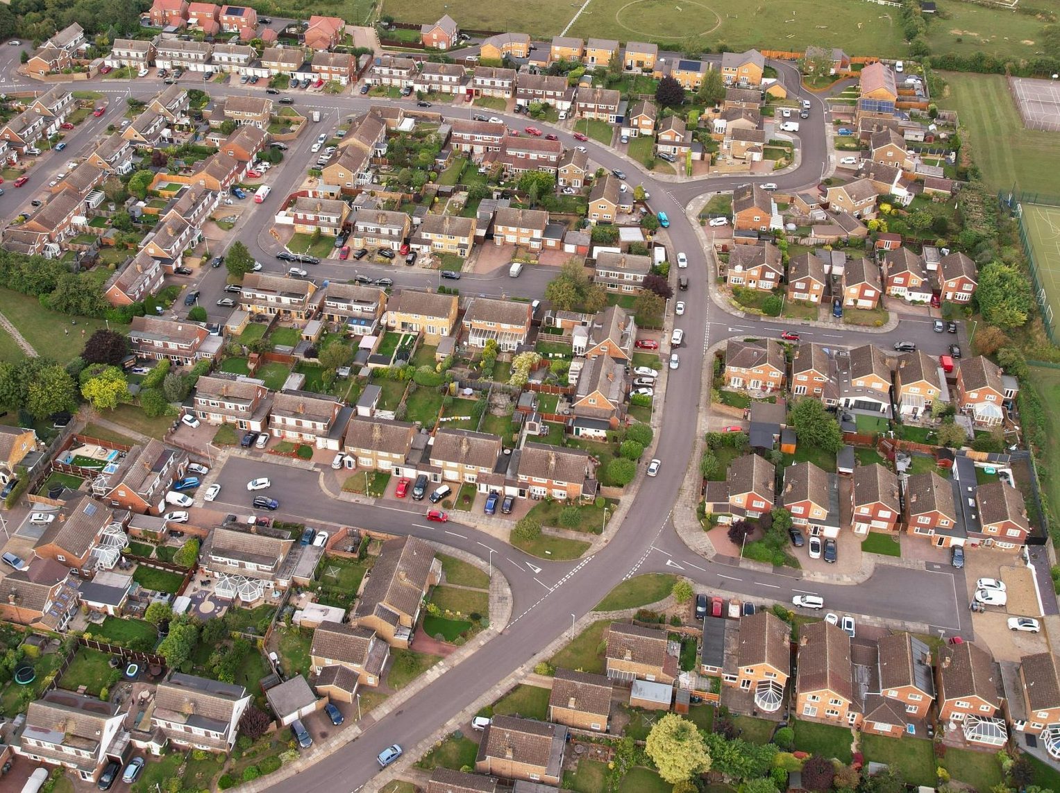 A birds-eye-view of an English neighbourhood.