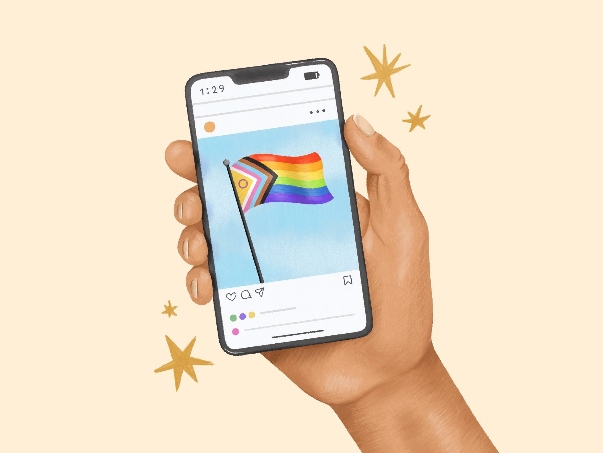 An illustration of a hand holding a mobile phone with a social media post of a pride flag shown on screen.