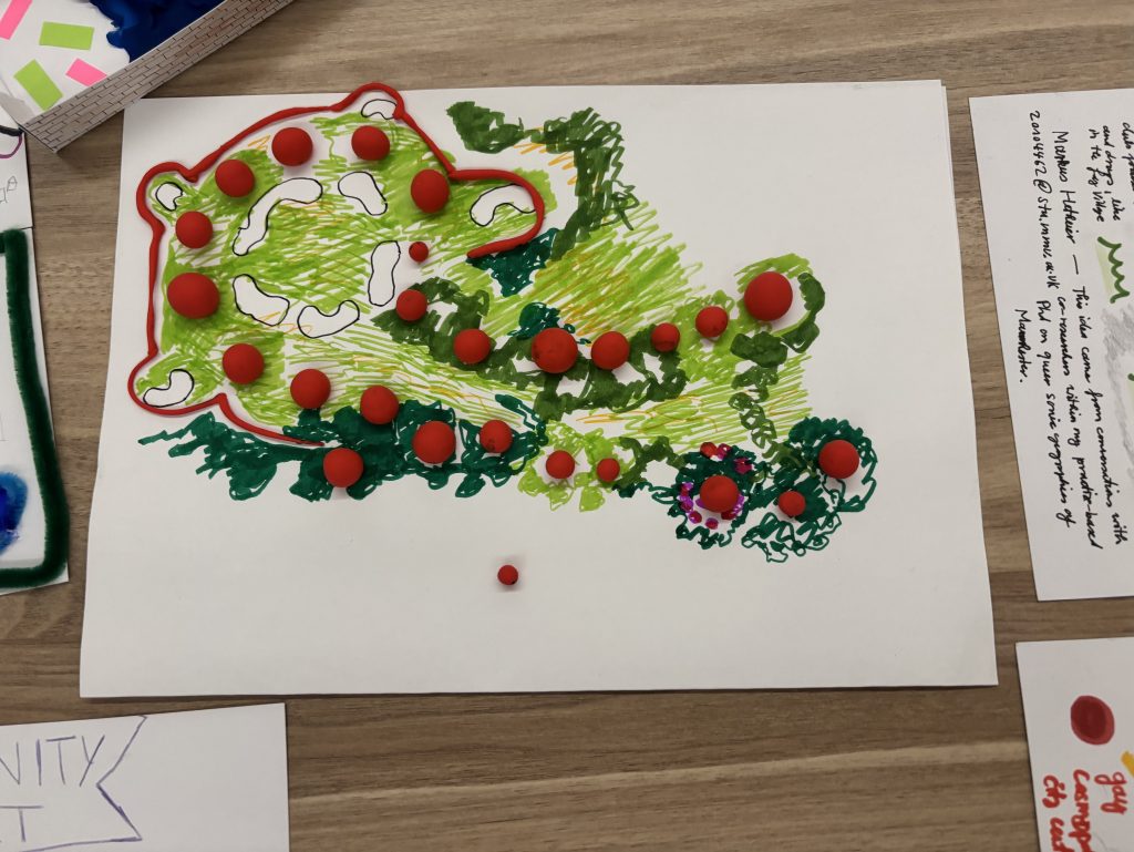 Drawing of a birds-eye-view of a green space.